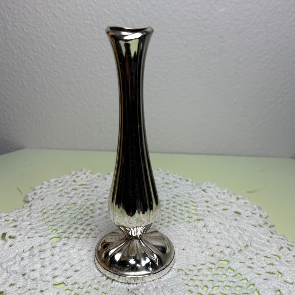 Vintage Unbranded Silver Bud Vase Tarnish Resistant Fluted Base Mid Century